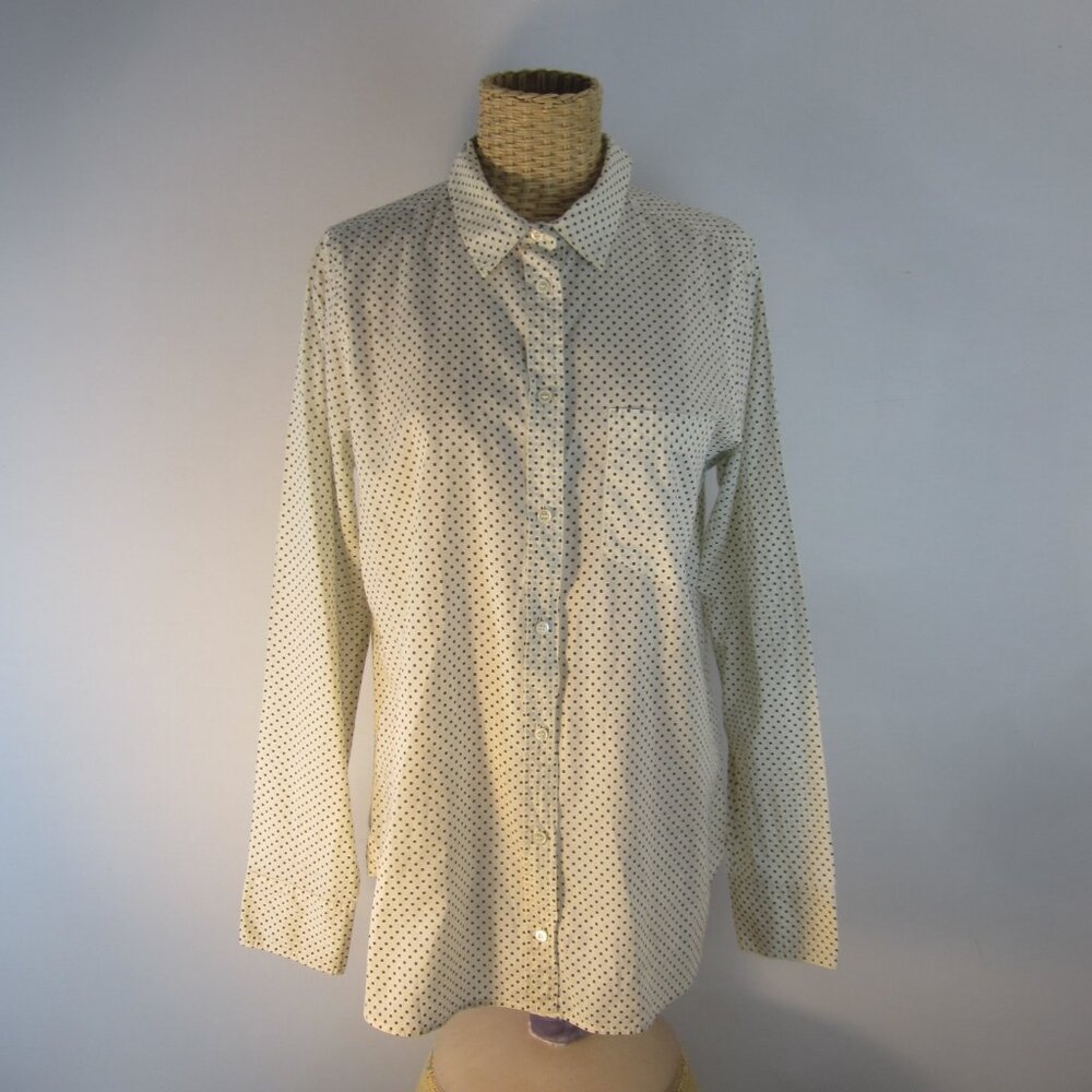 J Crew Shirt Boy Fit Women 8 Polka Dot Blouse Button Front Ivory Black Cotton